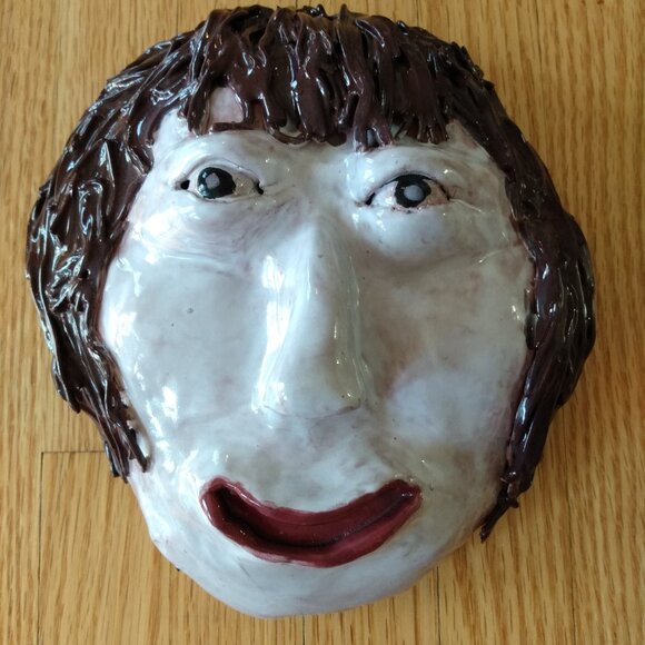 Vintage Clay Face Pottery Sculpture Brown Spaghetti Hair Handmade Folk Art Wall - Picture 1 of 15